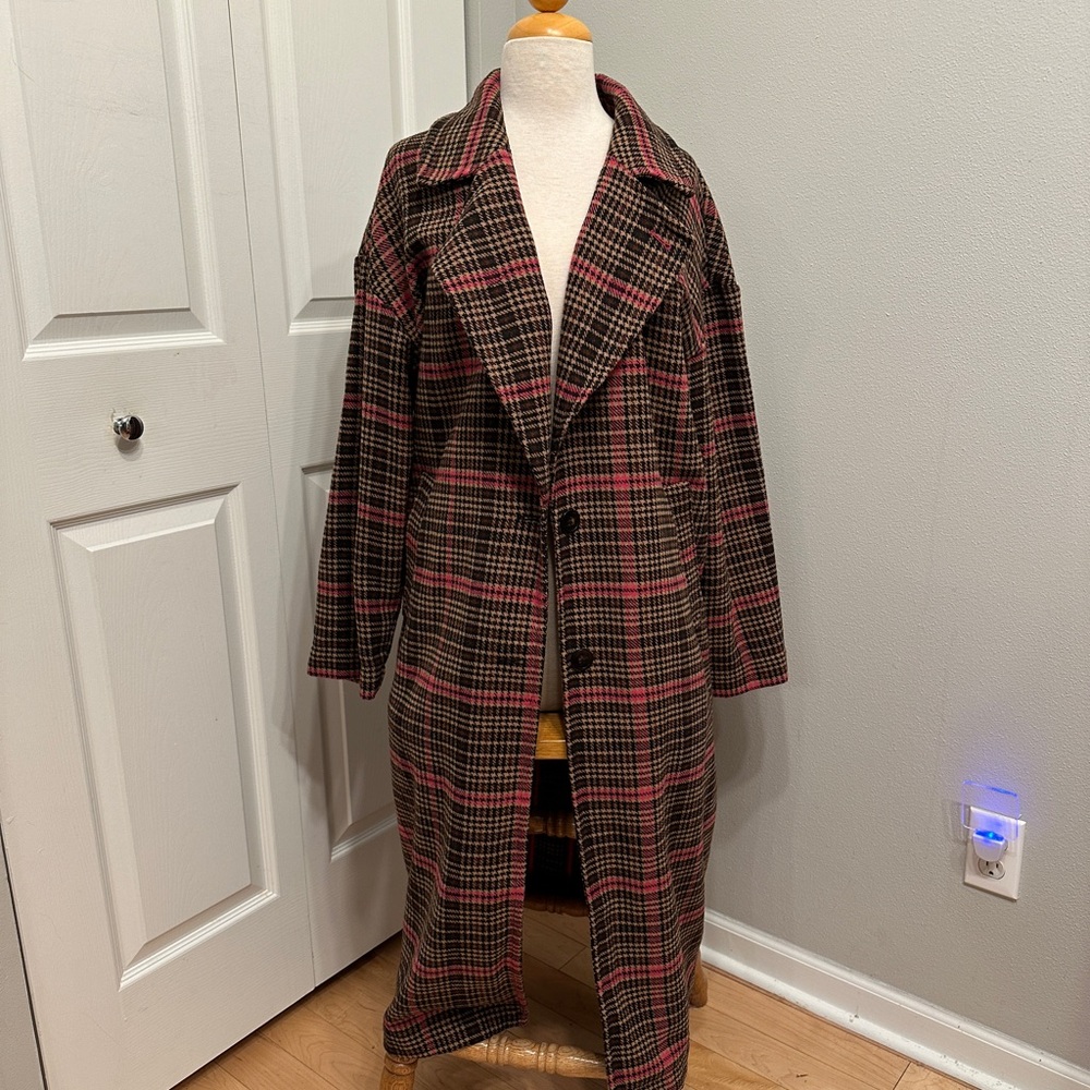 Wild Fable pink and brown plaid oversized pea coat size medium